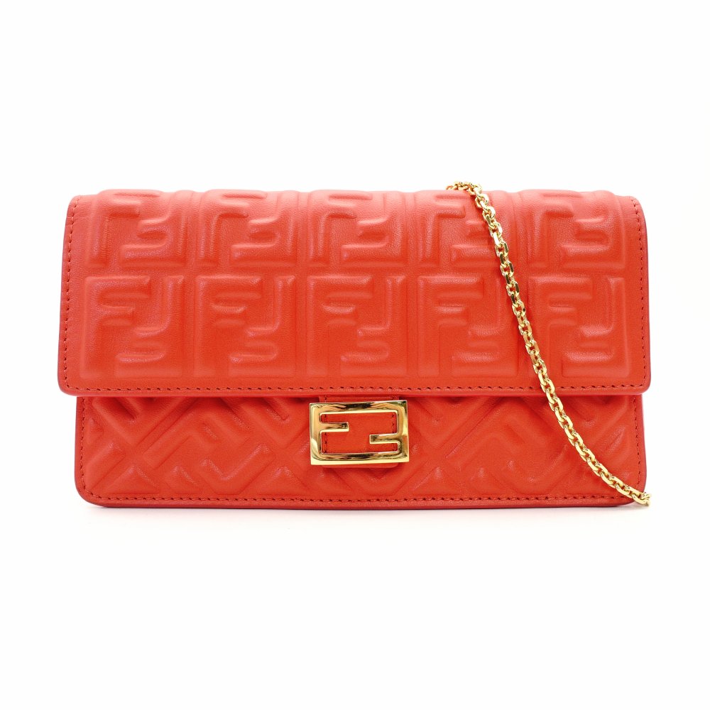 Unused Fendi Baguette Chain Shoulder Bag Orange FF Logo Leather Crossbody 2-Way