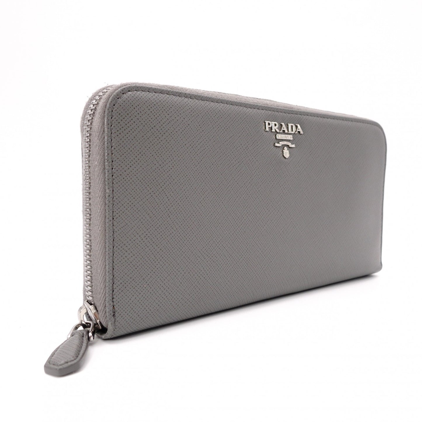 PRADA Saffiano Leather Long Wallet, Gray with Silver Hardware