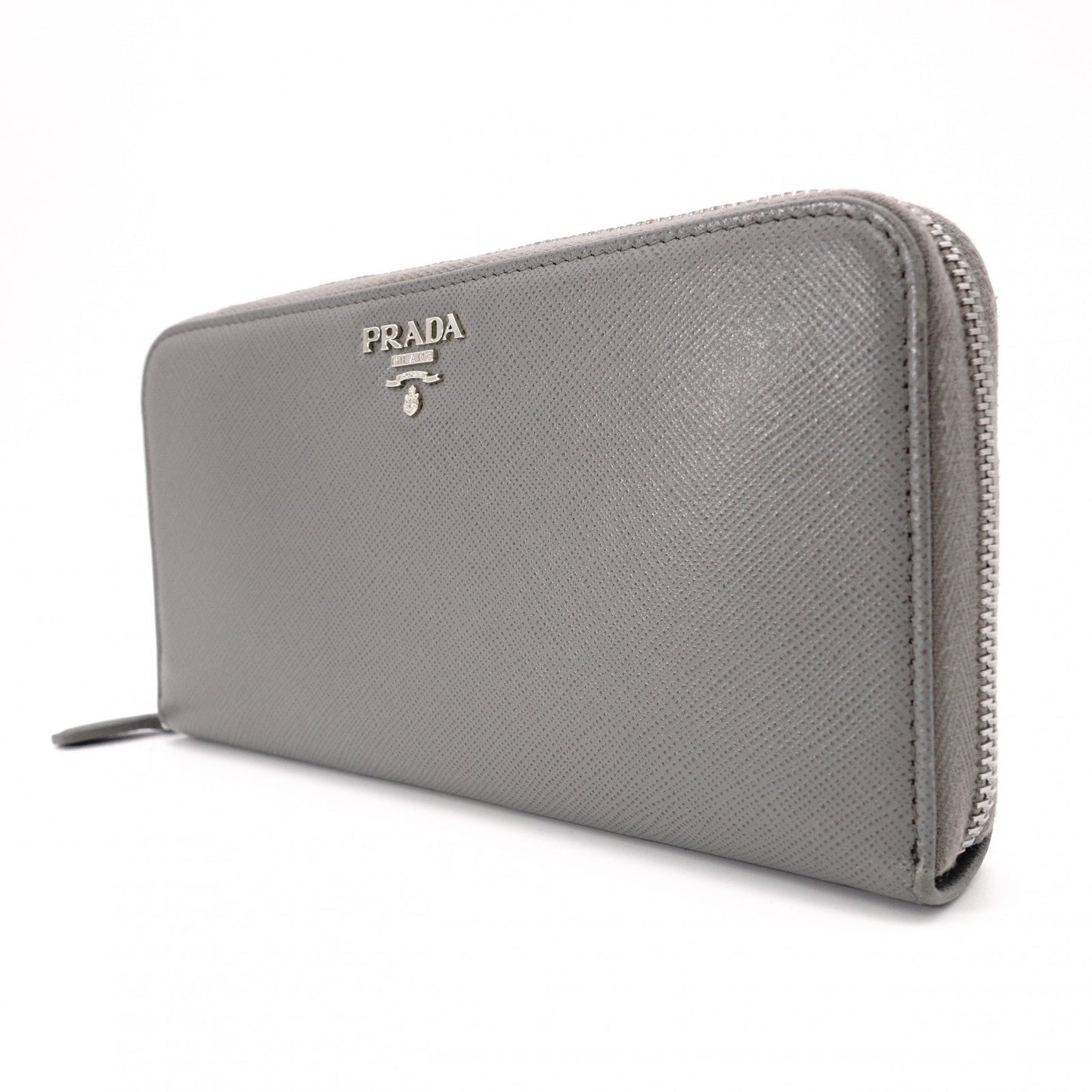 PRADA Saffiano Leather Long Wallet, Gray with Silver Hardware
