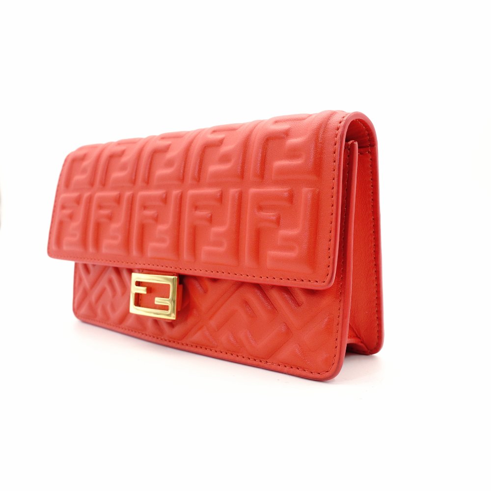 Unused Fendi Baguette Chain Shoulder Bag Orange FF Logo Leather Crossbody 2-Way