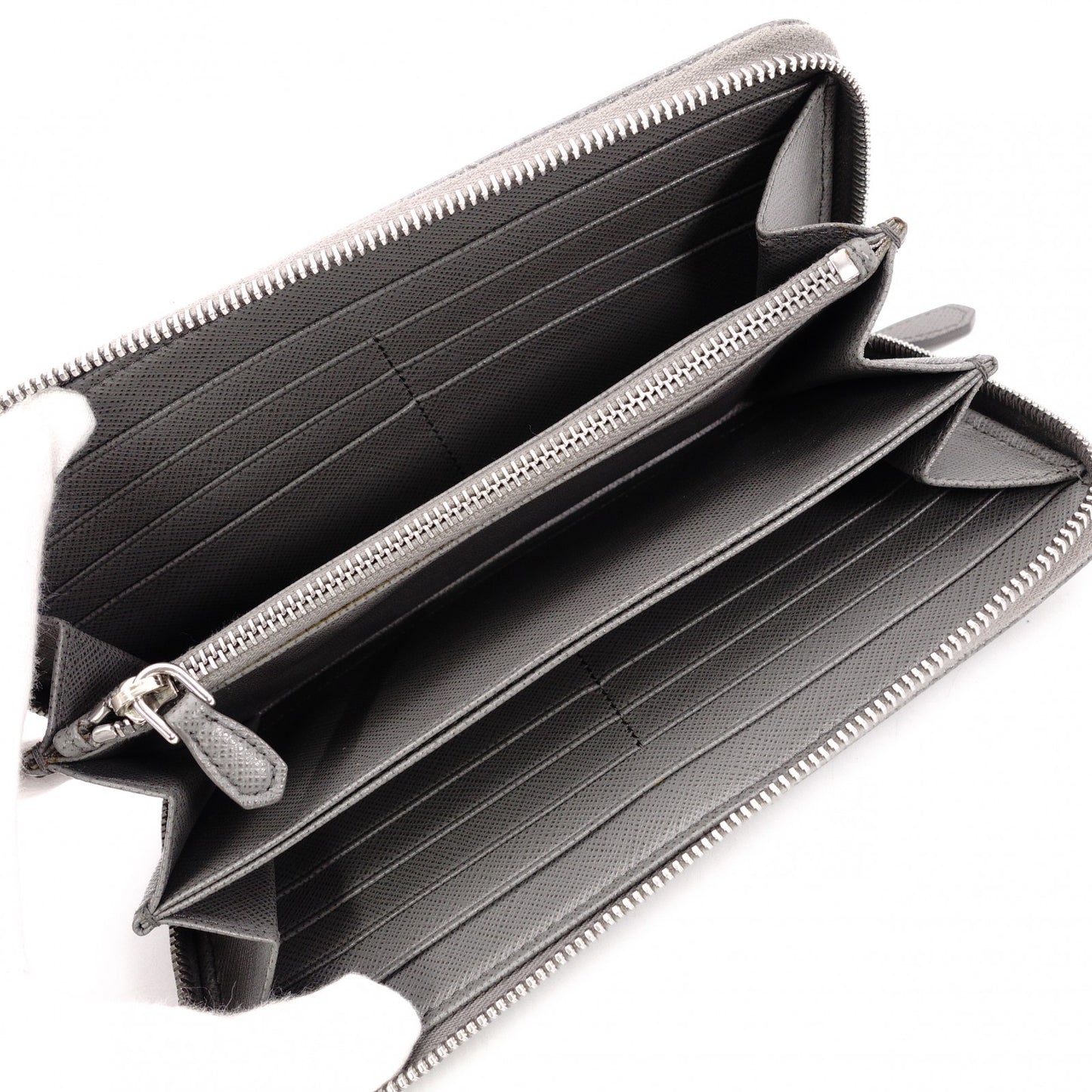 PRADA Saffiano Leather Long Wallet, Gray with Silver Hardware