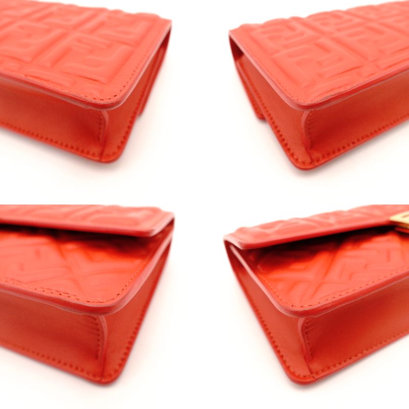 Unused Fendi Baguette Chain Shoulder Bag Orange FF Logo Leather Crossbody 2-Way