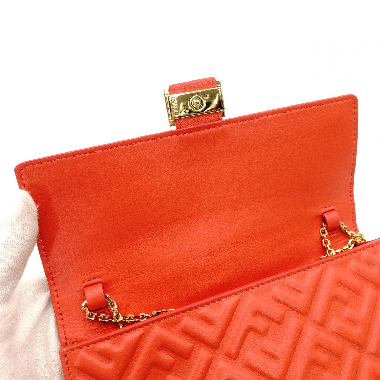 Unused Fendi Baguette Chain Shoulder Bag Orange FF Logo Leather Crossbody 2-Way