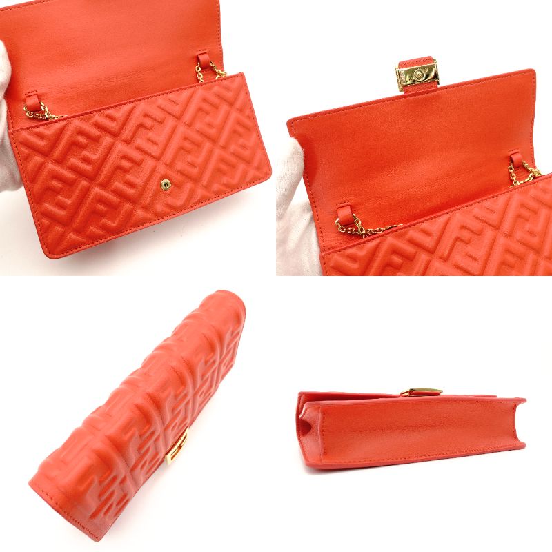 Unused Fendi Baguette Chain Shoulder Bag Orange FF Logo Leather Crossbody 2-Way