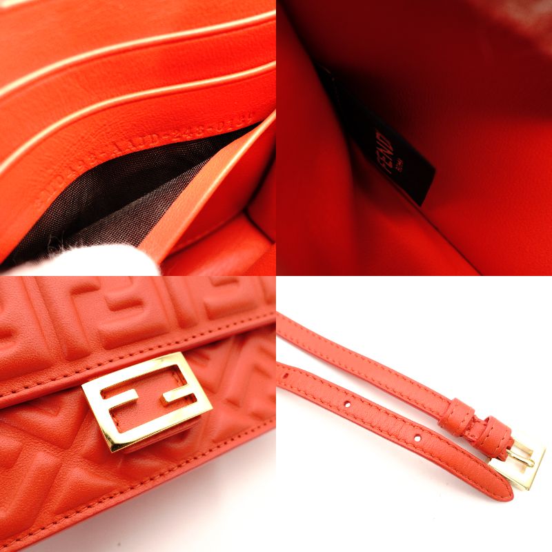 Unused Fendi Baguette Chain Shoulder Bag Orange FF Logo Leather Crossbody 2-Way