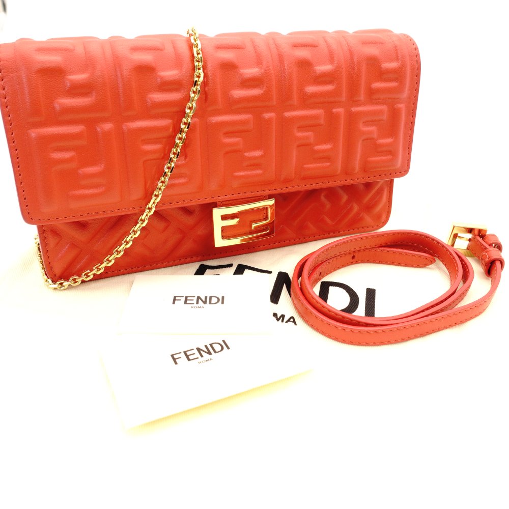 Unused Fendi Baguette Chain Shoulder Bag Orange FF Logo Leather Crossbody 2-Way