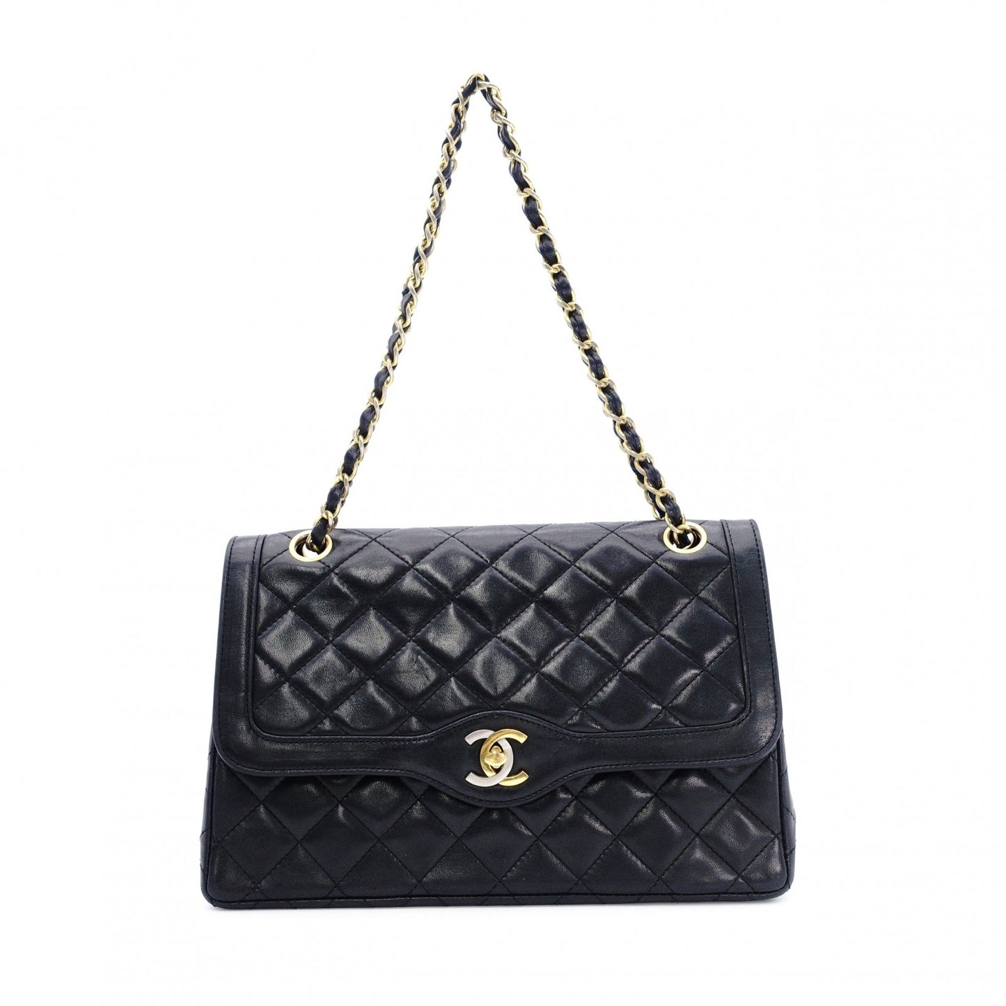 CHANEL W-Flap Quilted Shoulder Bag Leather Black