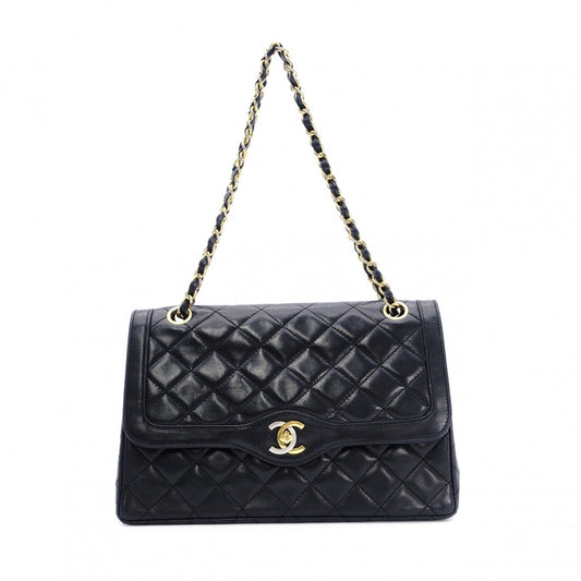 CHANEL W-Flap Quilted Shoulder Bag Leather Black