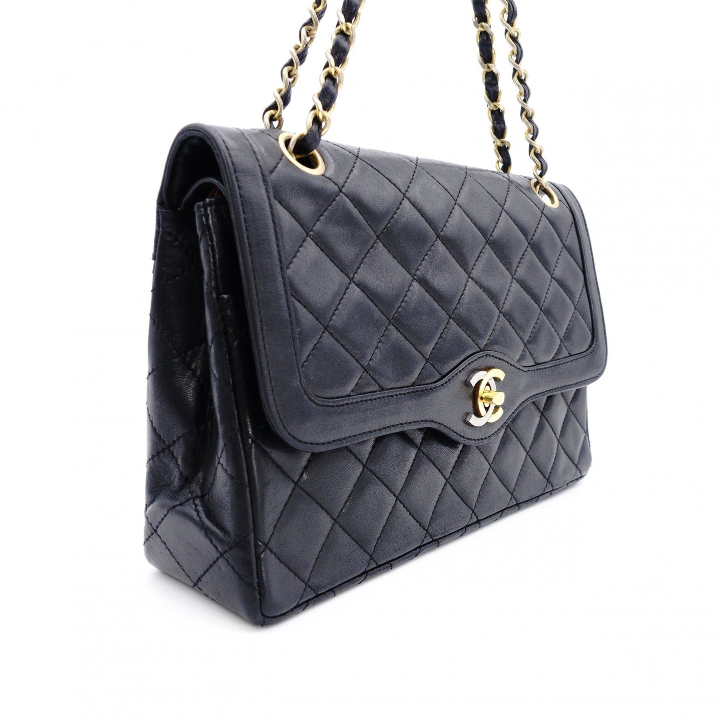 CHANEL W-Flap Quilted Shoulder Bag Leather Black
