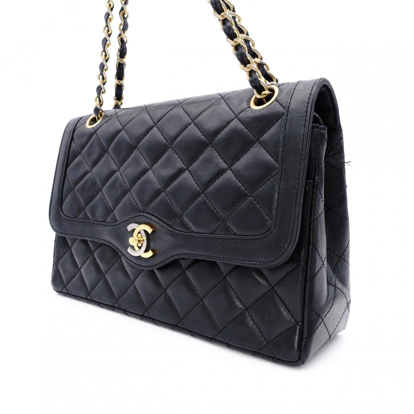 CHANEL W-Flap Quilted Shoulder Bag Leather Black