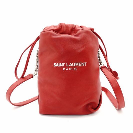 SAINT LAURENT Teddy Small Drawstring Shoulder Bag Red Leather Red Chain Crossbody 7-11-378