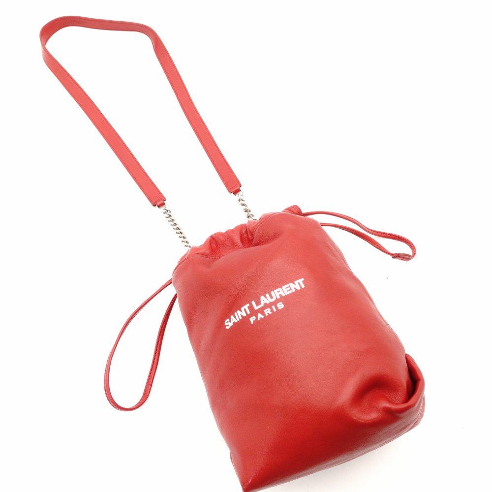 SAINT LAURENT Teddy Small Drawstring Shoulder Bag Red Leather Red Chain Crossbody 7-11-378
