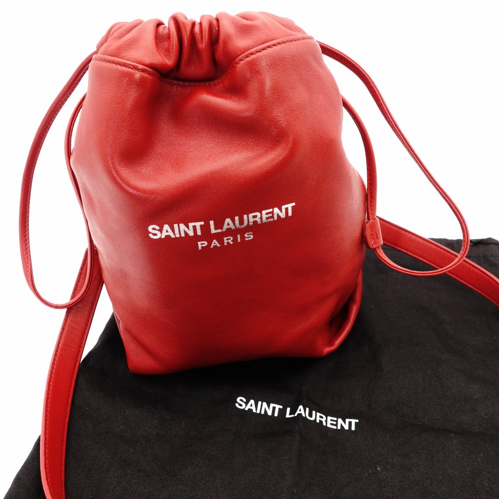 SAINT LAURENT Teddy Small Drawstring Shoulder Bag Red Leather Red Chain Crossbody 7-11-378