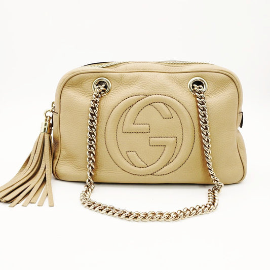 GUCCI Soho Chain Shoulder Bag Beige Crossbody Leather GG Logo Gold Hardware