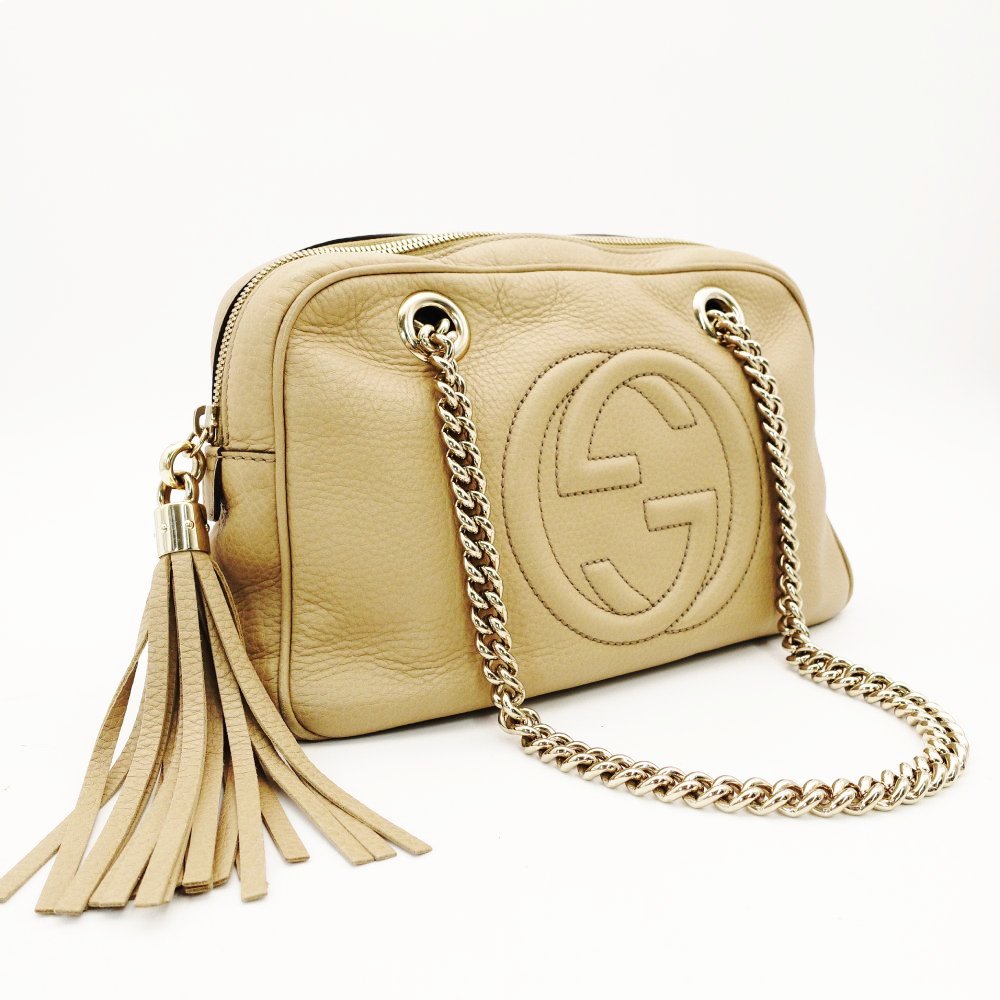 GUCCI Soho Chain Shoulder Bag Beige Crossbody Leather GG Logo Gold Hardware