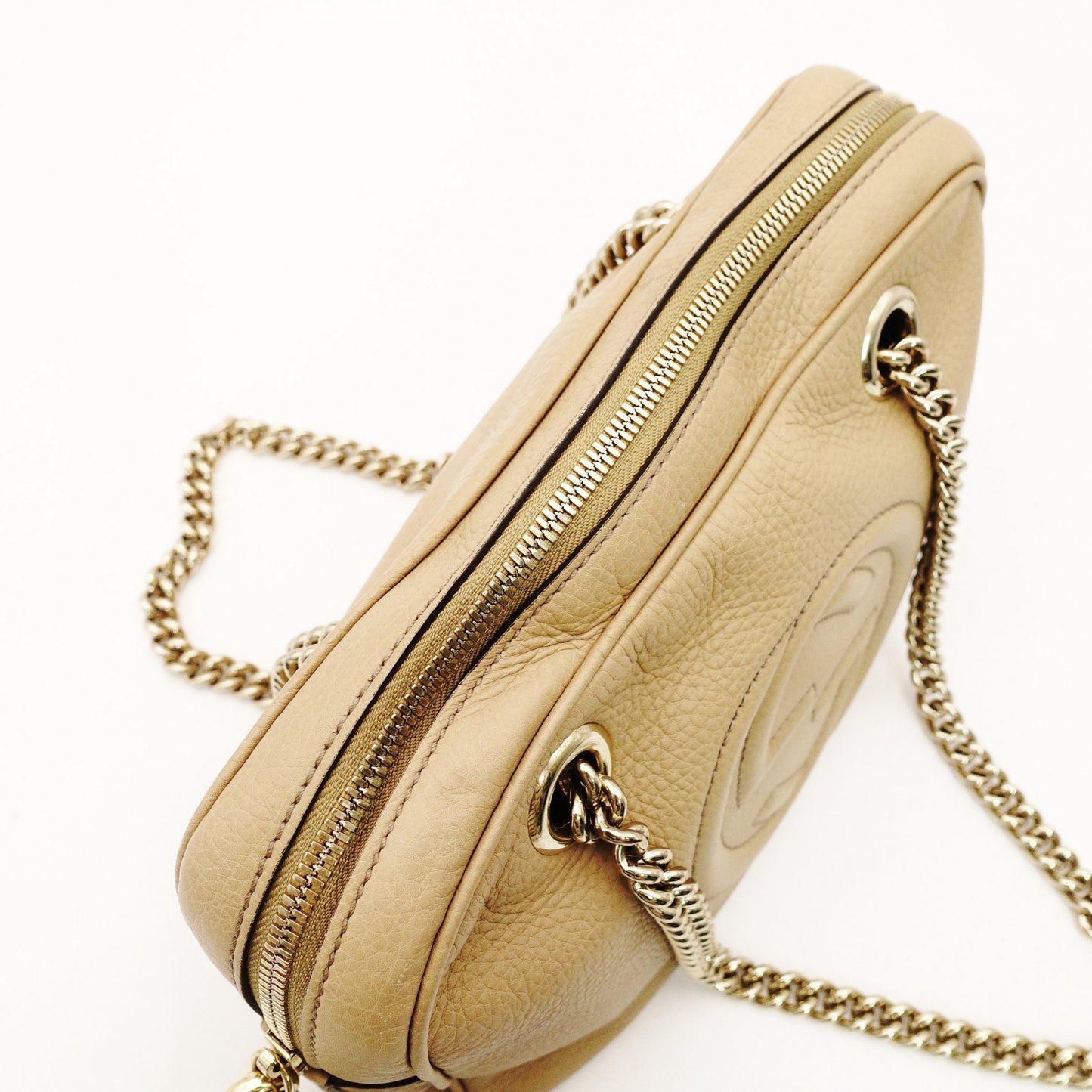 GUCCI Soho Chain Shoulder Bag Beige Crossbody Leather GG Logo Gold Hardware
