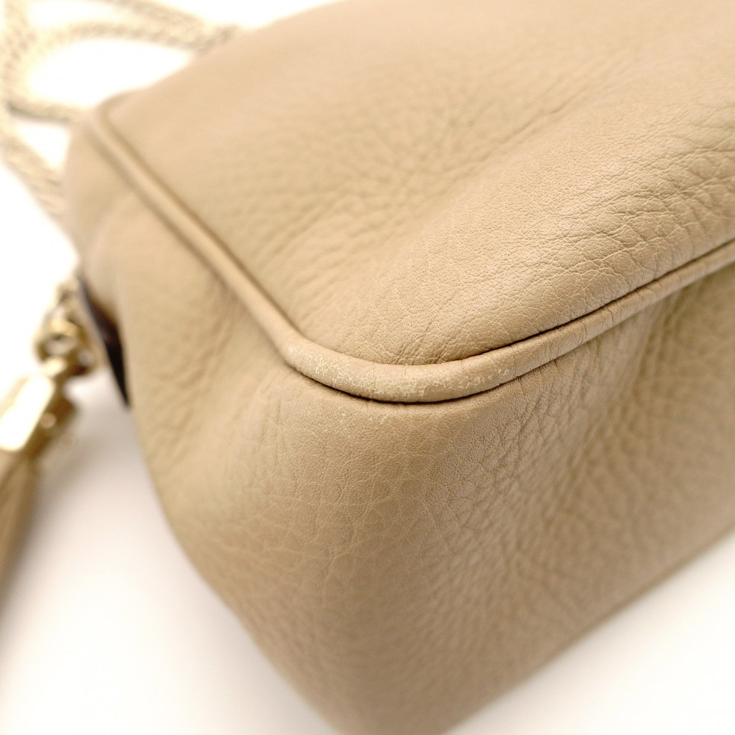 GUCCI Soho Chain Shoulder Bag Beige Crossbody Leather GG Logo Gold Hardware