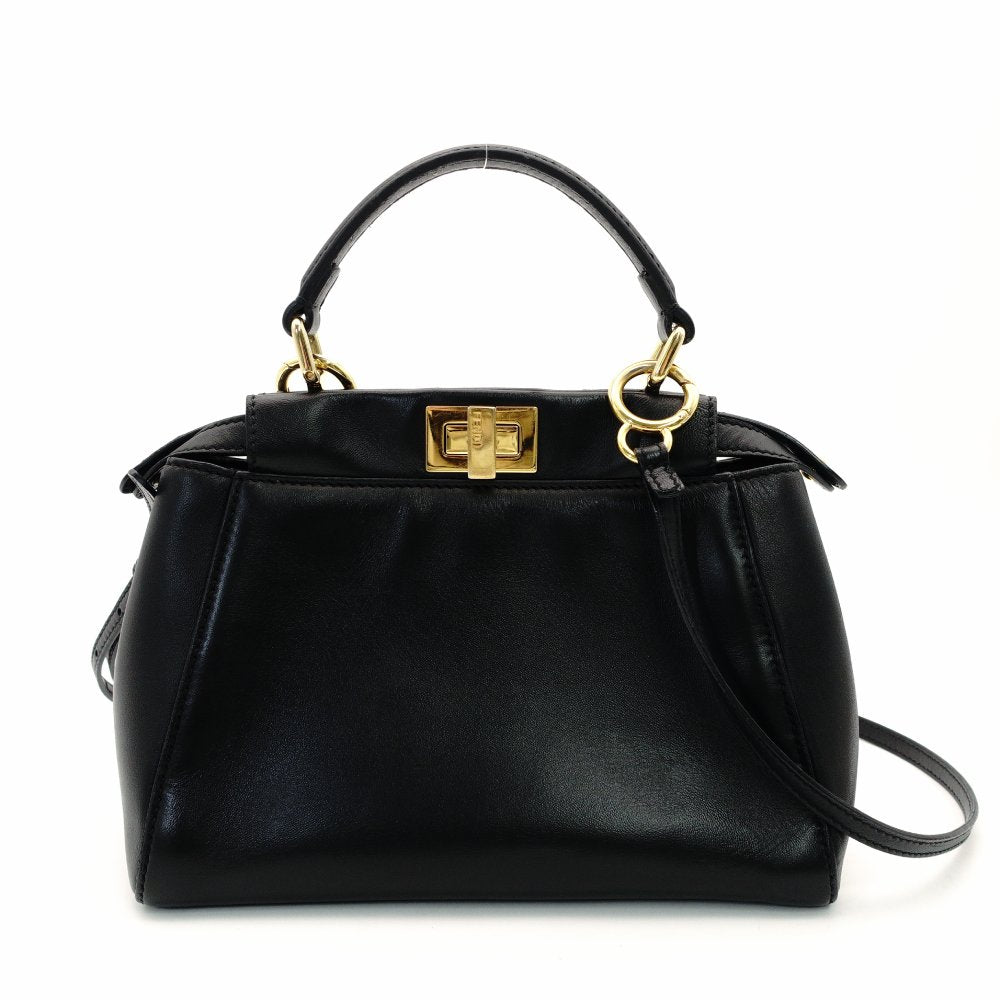 FENDI Mini Peekaboo Handbag Black Leather 2-Way Crossbody Black Gold Hardware 7-10-1013