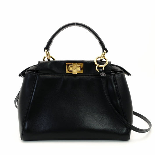 FENDI Mini Peekaboo Handbag Black Leather 2-Way Crossbody Black Gold Hardware 7-10-1013