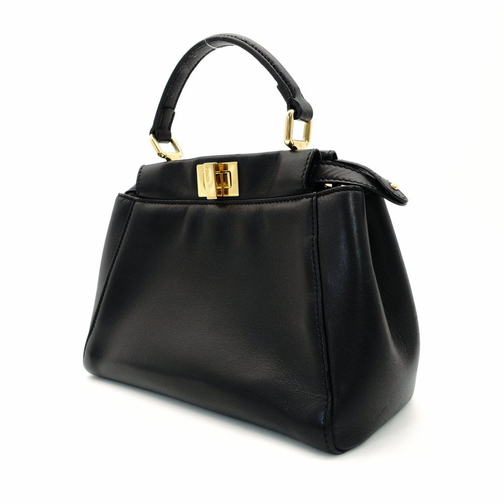 FENDI Mini Peekaboo Handbag Black Leather 2-Way Crossbody Black Gold Hardware 7-10-1013