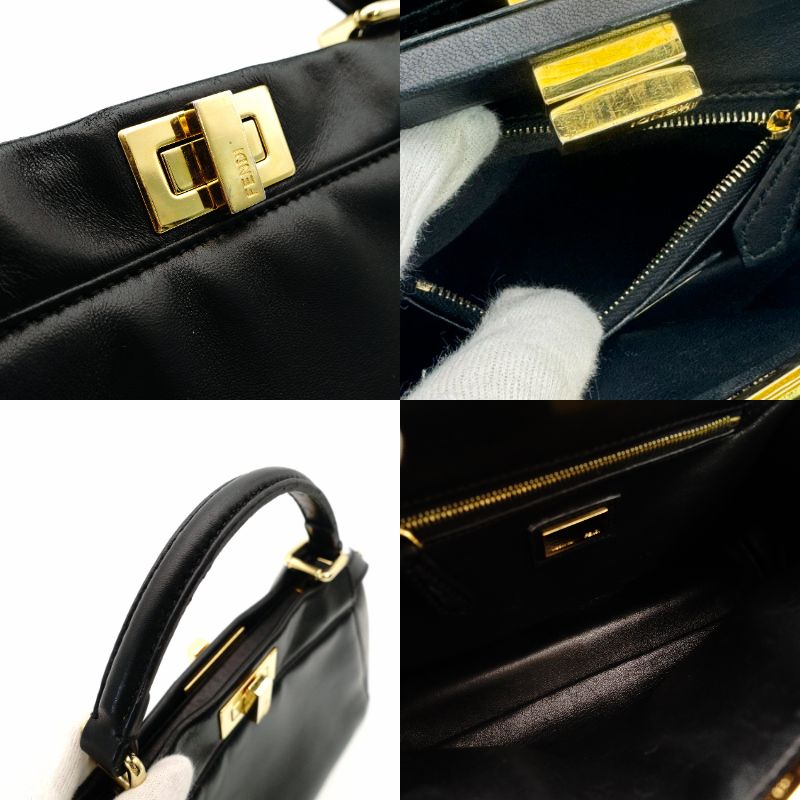 FENDI Mini Peekaboo Handbag Black Leather 2-Way Crossbody Black Gold Hardware 7-10-1013