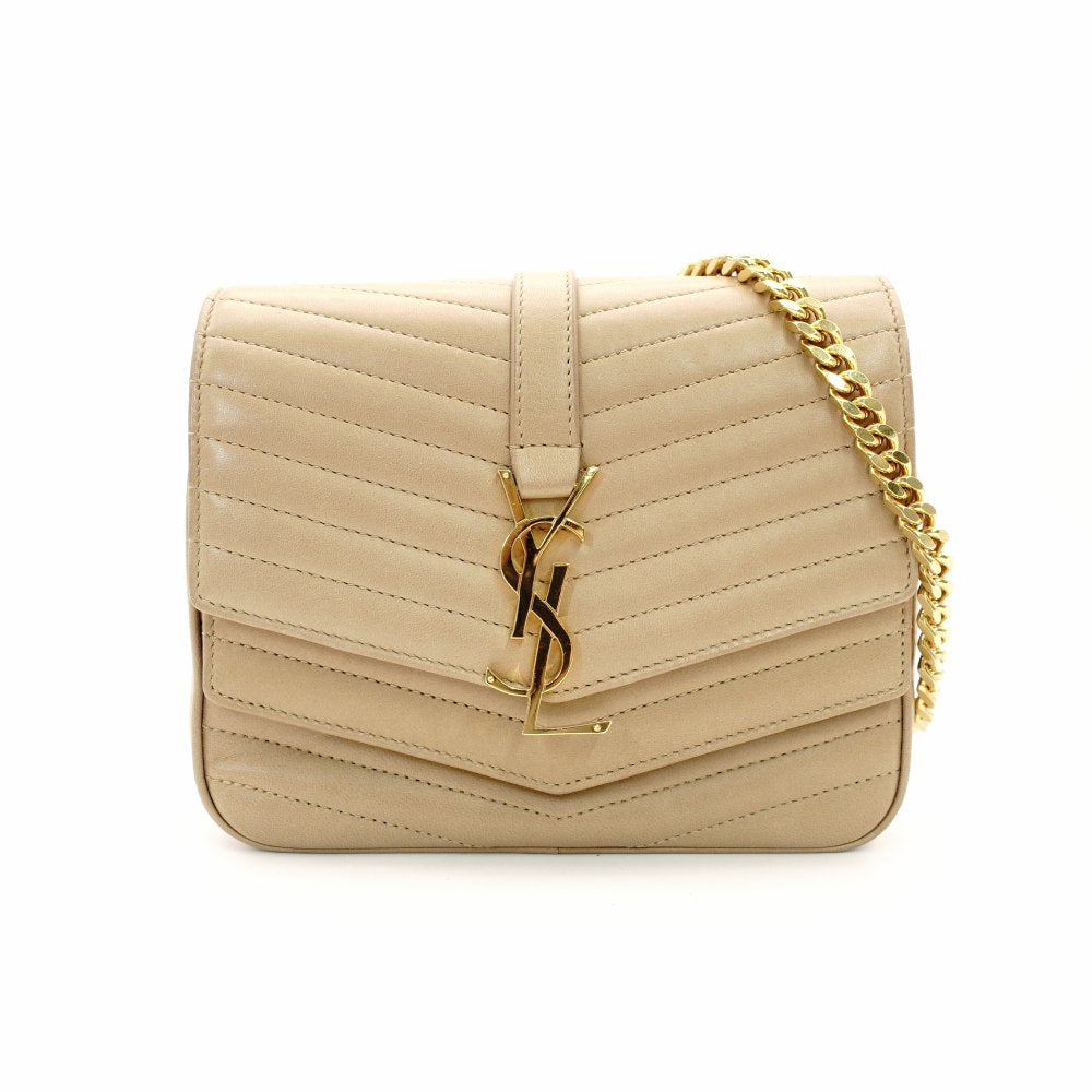 Saint Laurent Surpis V-Stitch Chain Shoulder Bag Beige Leather Gold Hardware YSL Crossbody 7-11-197