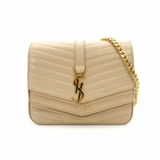 Saint Laurent Surpis V-Stitch Chain Shoulder Bag Beige Leather Gold Hardware YSL Crossbody 7-11-197