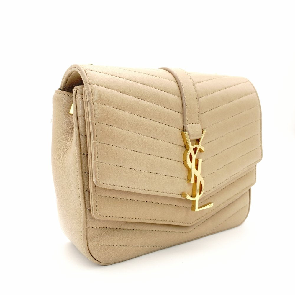 Saint Laurent Surpis V-Stitch Chain Shoulder Bag Beige Leather Gold Hardware YSL Crossbody 7-11-197