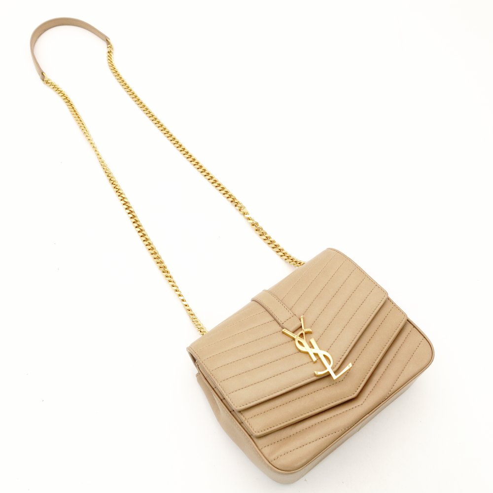 Saint Laurent Surpis V-Stitch Chain Shoulder Bag Beige Leather Gold Hardware YSL Crossbody 7-11-197