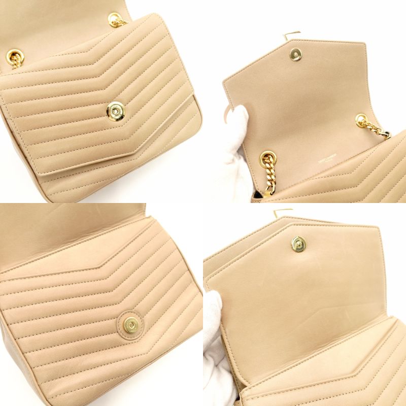 Saint Laurent Surpis V-Stitch Chain Shoulder Bag Beige Leather Gold Hardware YSL Crossbody 7-11-197