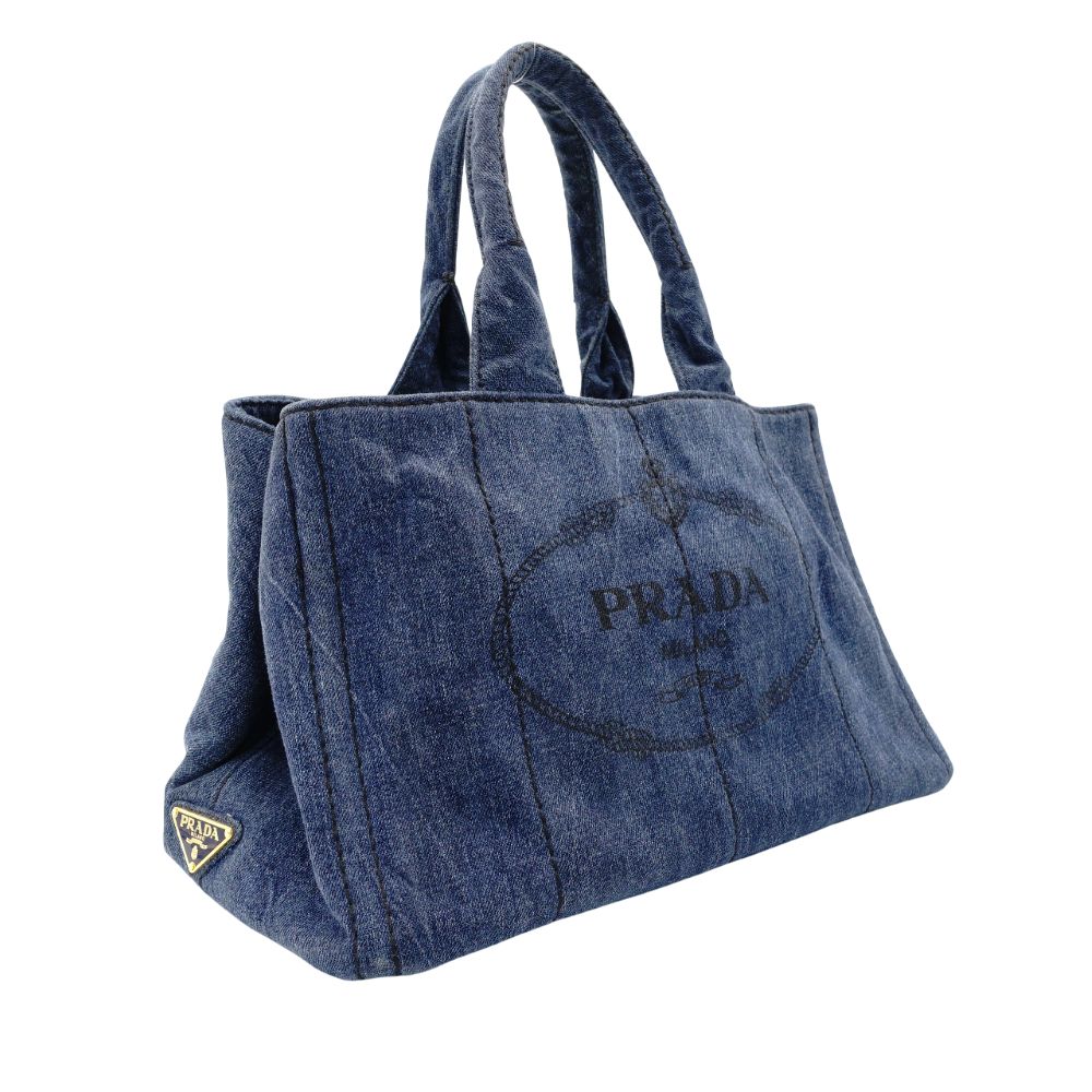 PRADA Canapa Medium Denim Blue Canvas Handbag with Logo 7-7-246