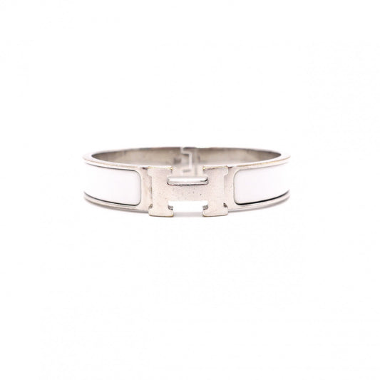 HERMES Click-Clack Bracelet, Metal, Silver, White