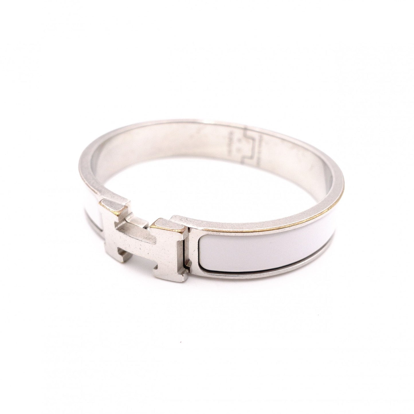 HERMES Click-Clack Bracelet, Metal, Silver, White