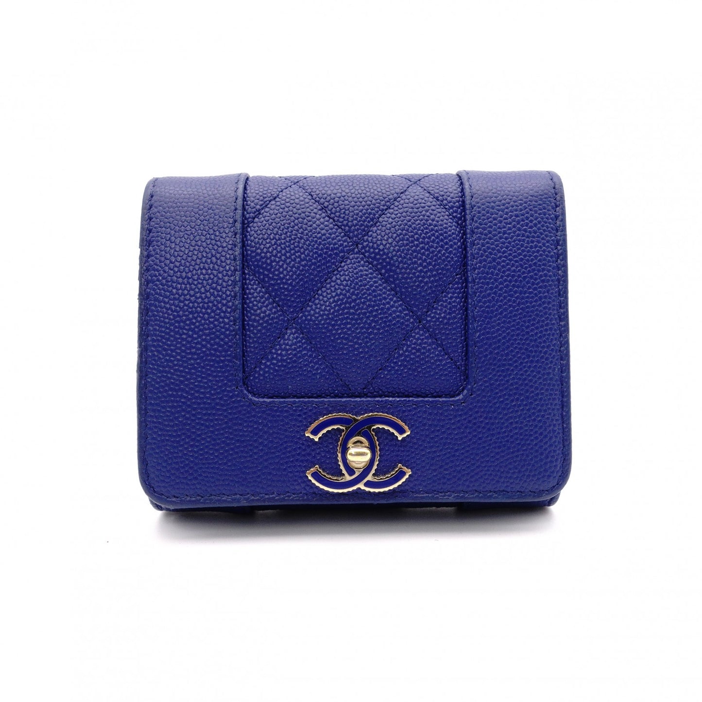 CHANEL Mademoiselle Matelassé Tri-Fold Wallet, Leather, Blue Gold Hardware
