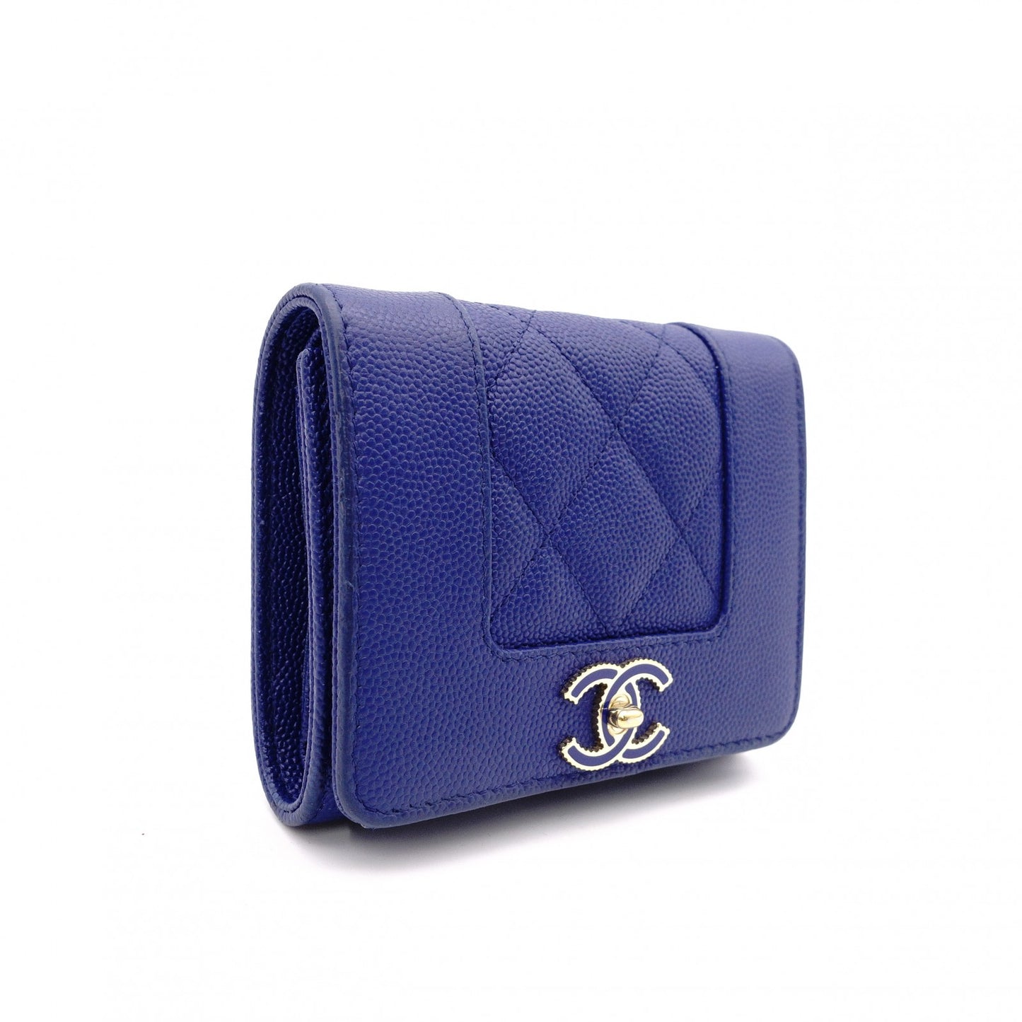 CHANEL Mademoiselle Matelassé Tri-Fold Wallet, Leather, Blue Gold Hardware