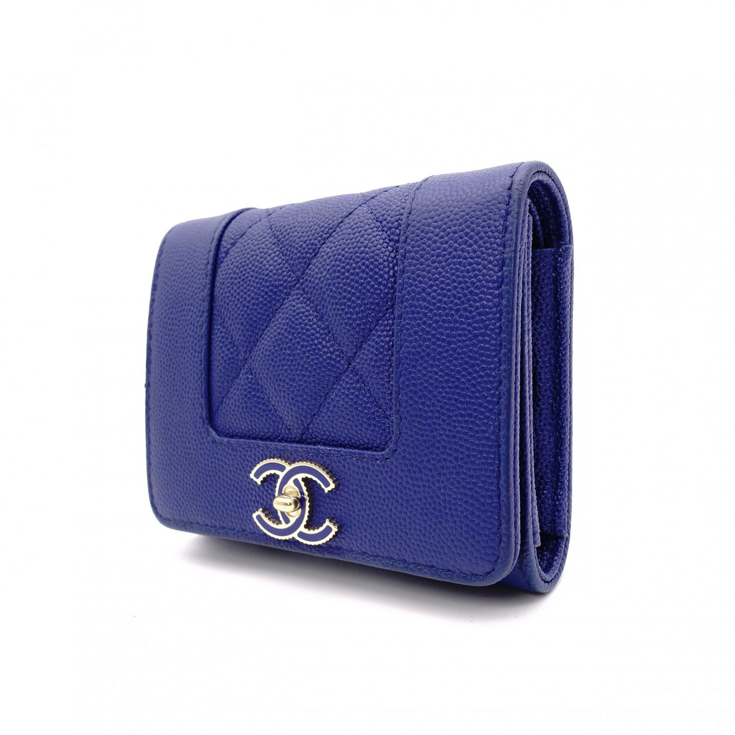 CHANEL Mademoiselle Matelassé Tri-Fold Wallet, Leather, Blue Gold Hardware