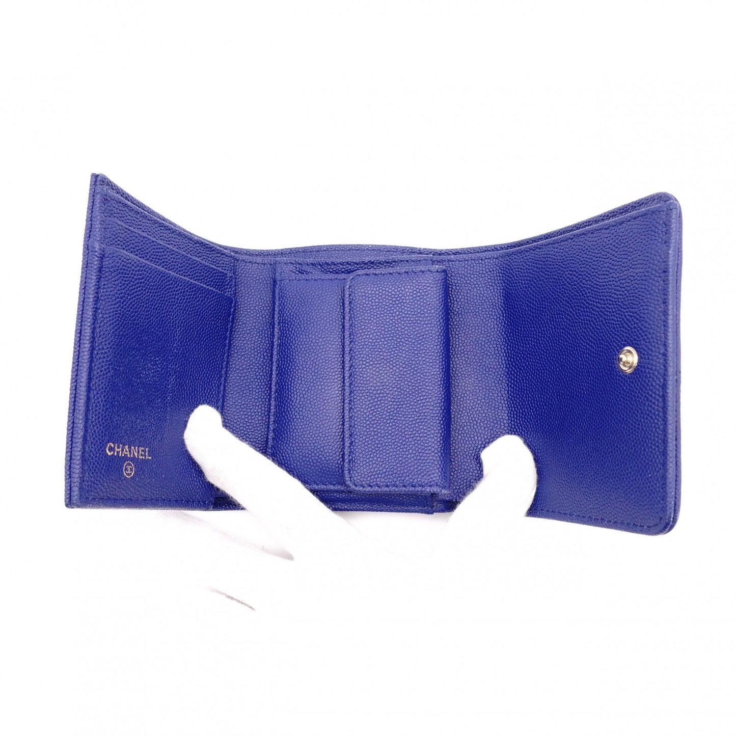 CHANEL Mademoiselle Matelassé Tri-Fold Wallet, Leather, Blue Gold Hardware