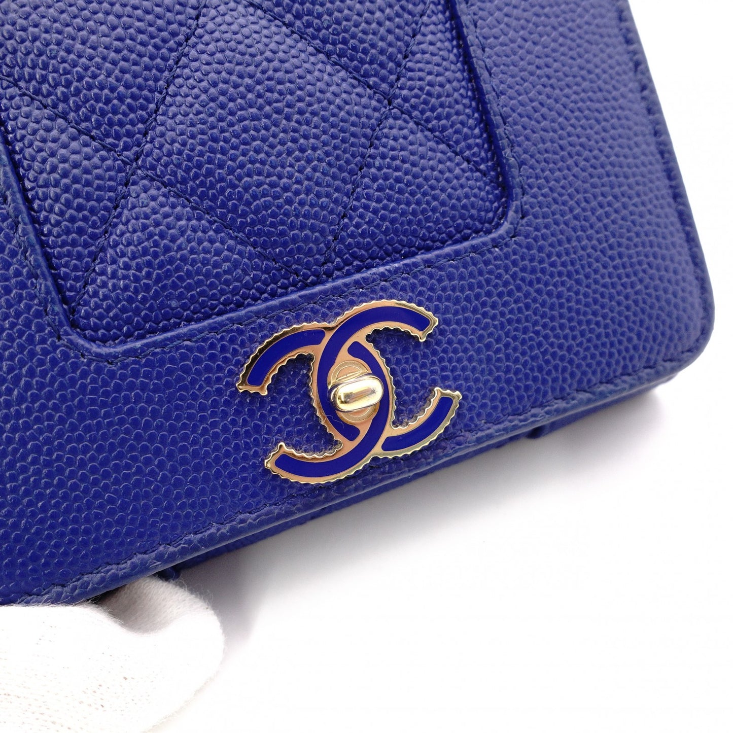 CHANEL Mademoiselle Matelassé Tri-Fold Wallet, Leather, Blue Gold Hardware
