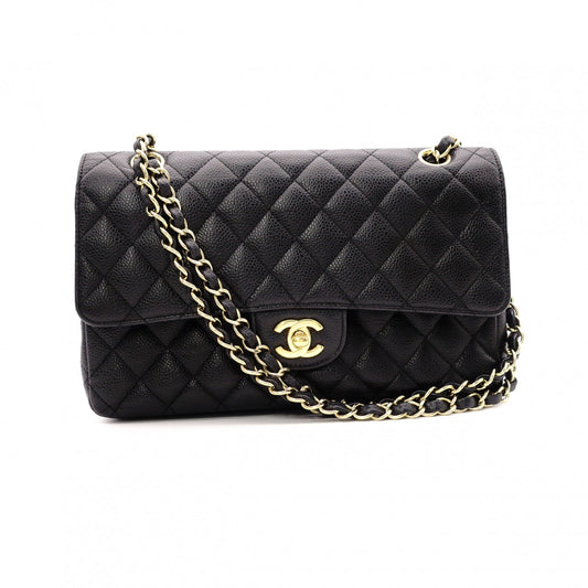 CHANEL Caviar Skin W-Flap Matelassé Classic Shoulder Bag, Leather, Black, Gold Hardware