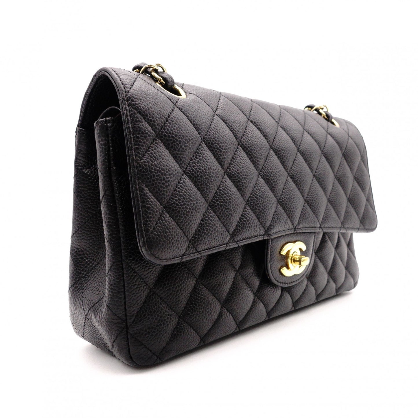 CHANEL Caviar Skin W-Flap Matelassé Classic Shoulder Bag, Leather, Black, Gold Hardware