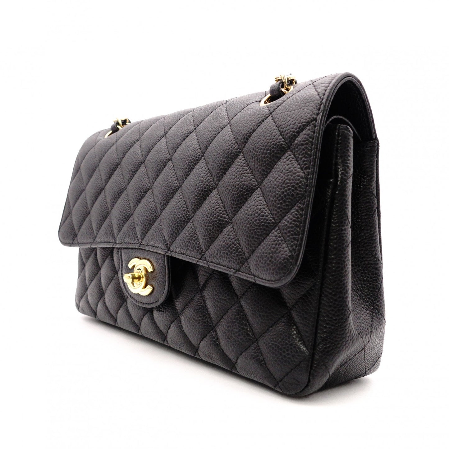 CHANEL Caviar Skin W-Flap Matelassé Classic Shoulder Bag, Leather, Black, Gold Hardware
