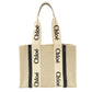 Chloe Woody Medium Tote Canvas Beige × Navy Shoulder Logo 7-11-705