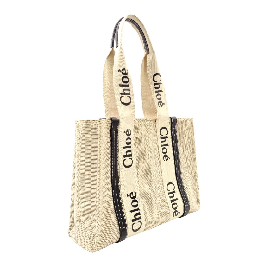 Chloe Woody Medium Tote Canvas Beige × Navy Shoulder Logo 7-11-705
