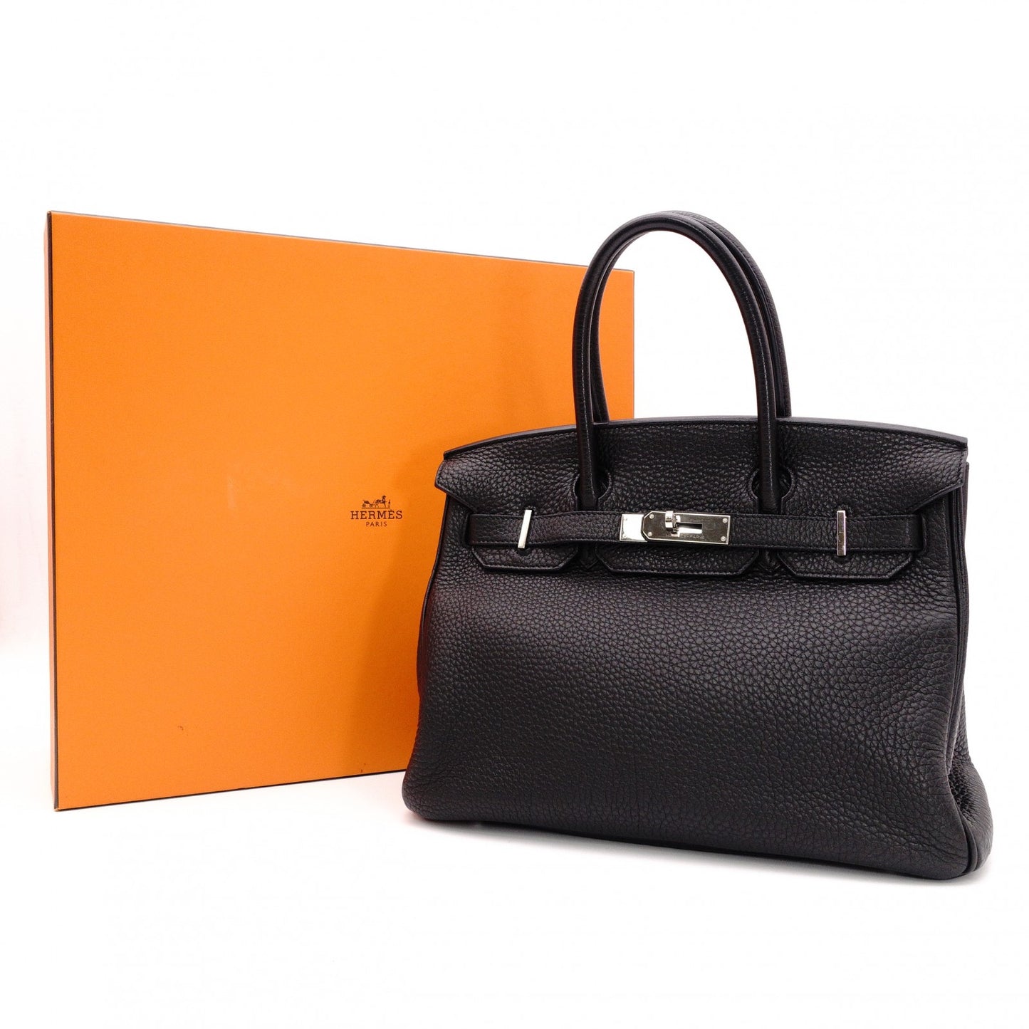 HERMES Birkin Handbag, Leather, Black, □R Stamp, Silver Hardware