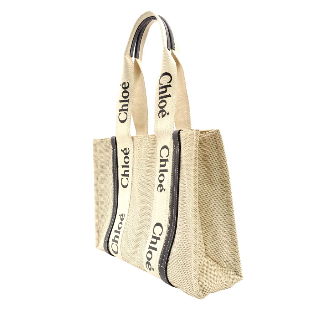 Chloe Woody Medium Tote Canvas Beige × Navy Shoulder Logo 7-11-705