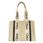 Chloe Woody Medium Tote Canvas Beige × Navy Shoulder Logo 7-11-705