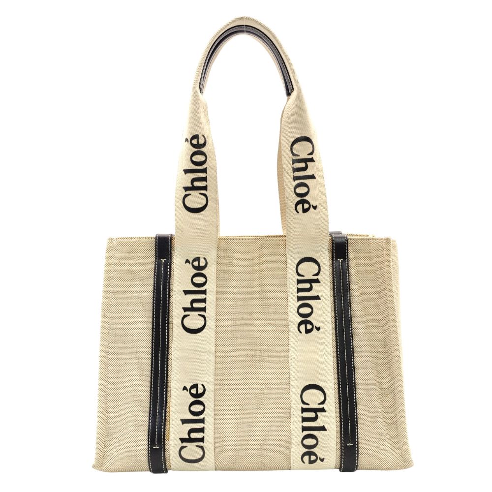 Chloe Woody Medium Tote Canvas Beige × Navy Shoulder Logo 7-11-705