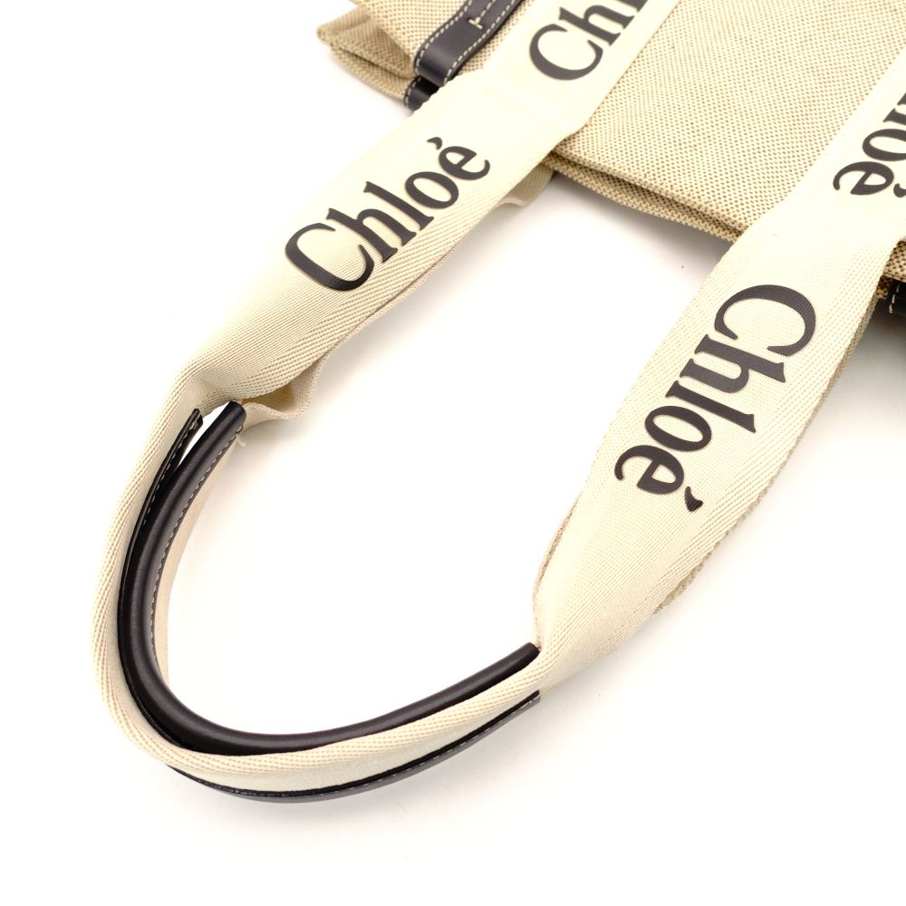 Chloe Woody Medium Tote Canvas Beige × Navy Shoulder Logo 7-11-705