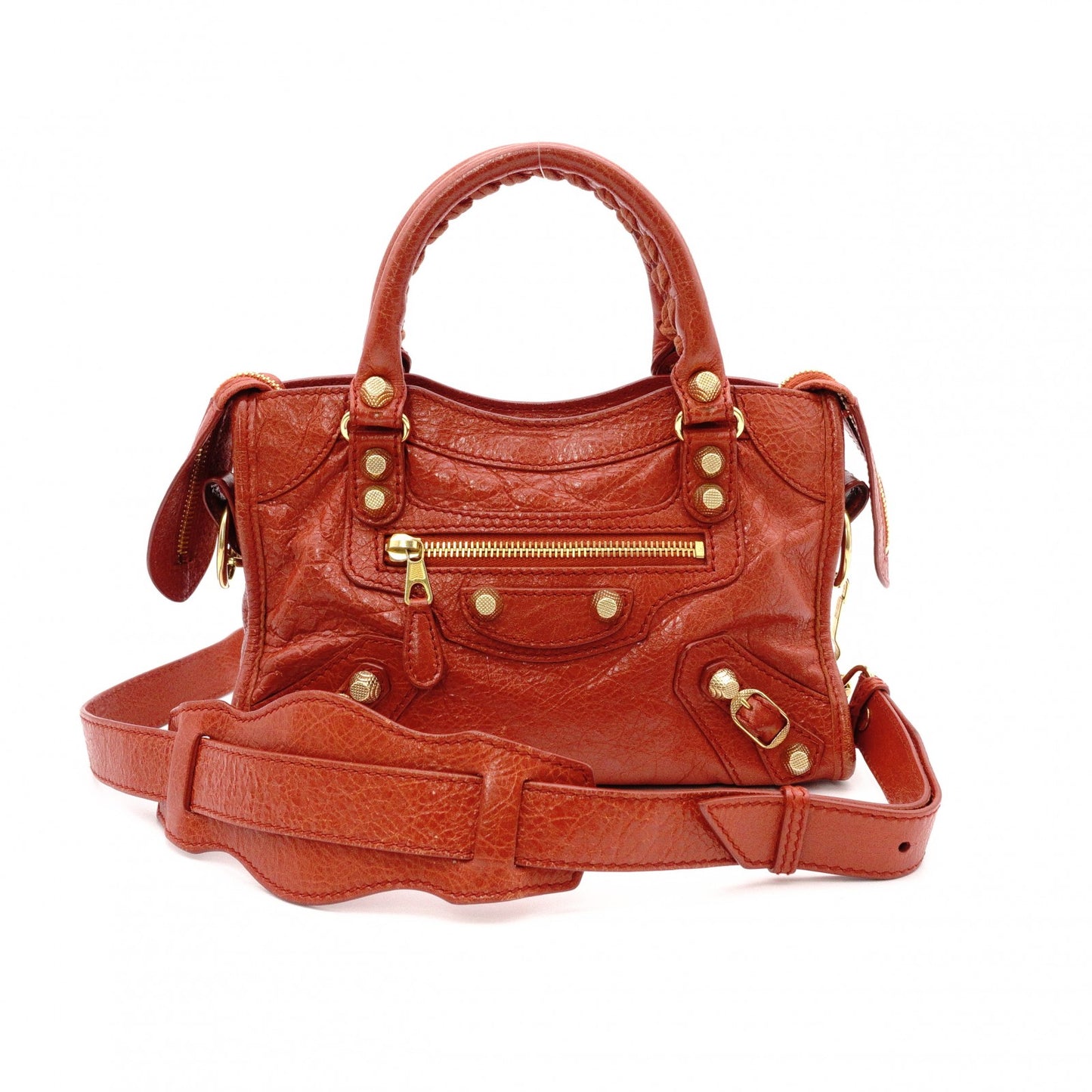 BALENCIAGA Classic Mini City Handbag, Leather, Gold Hardware, Orange, Women's