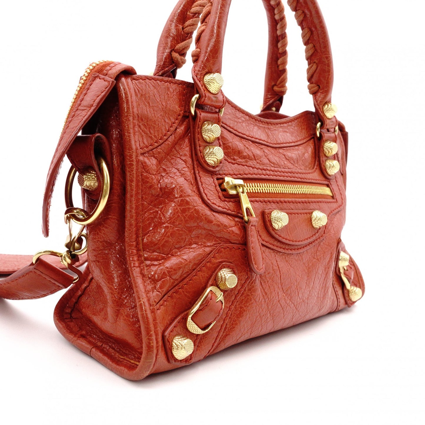BALENCIAGA Classic Mini City Handbag, Leather, Gold Hardware, Orange, Women's
